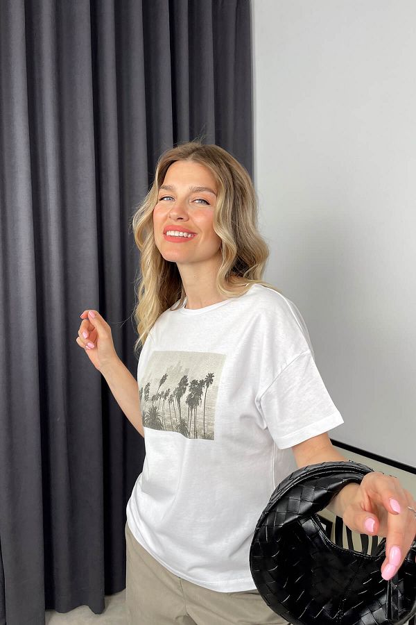 Sue Store-White Palm Printed Oversize T-Shirt 1