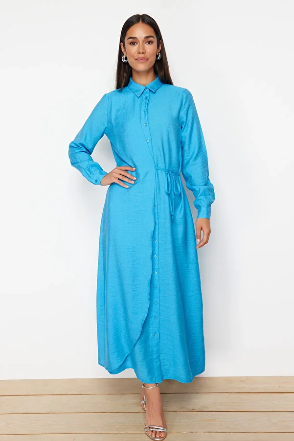 Trendyol Modest-Cămașă țesătă cu nasturi cu cravată laterală turcoaz Rochie cu aspect de in TCTSS22EB0025 1