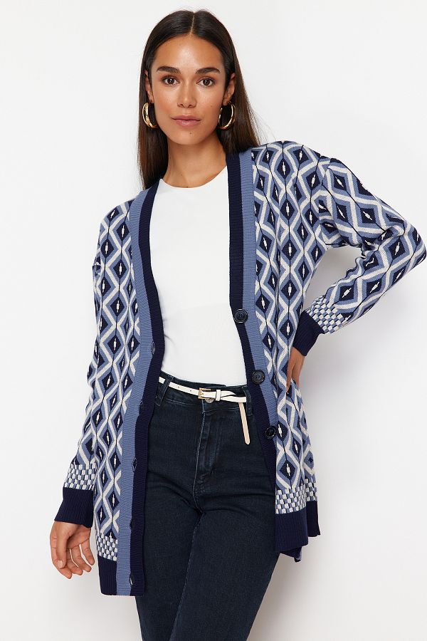 Trendyol Modest-Granatowy, żakardowy sweter z guzikami, szczegółowy, dzianinowy kardigan TCTAW22TH0013 1