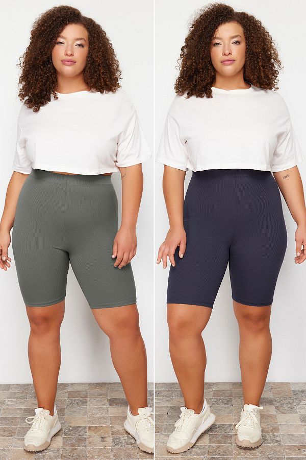Trendyol Curve-Magas derekú motoros leggings - sötétkék/khaki, alacsony hosszúságú, bordás kötött, nagy méretű 2 csomag TBBSS24BV00000 1