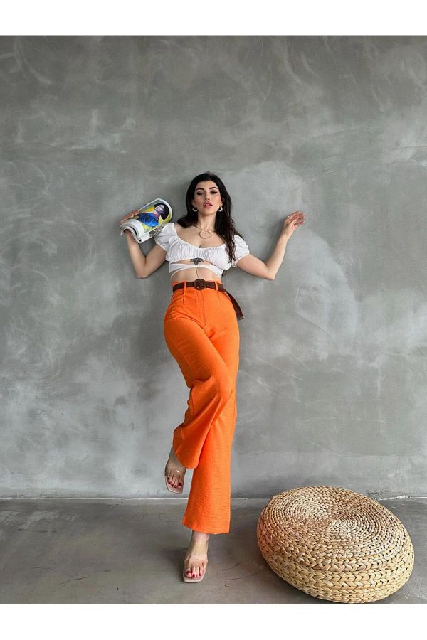 Pavia Orange Linen Trousers Belted Waist Trendyol