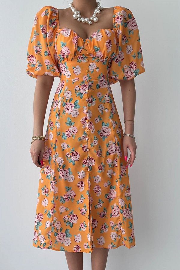bayansepeti-Πορτοκαλί floral print ύφασμα με κουμπί και λεπτομέρεια με σχισμή Πριγκίπισσα μανίκι Midi φόρεμα 255 1