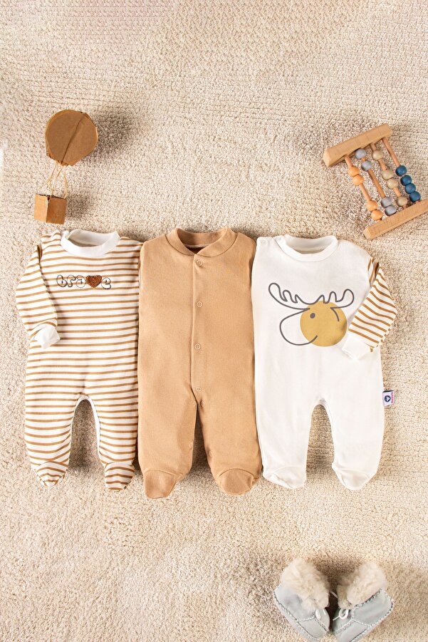 Mai Perla Geyik Desenli Tek Boy Tulum Unisex 3 Parça Bebek Takımı