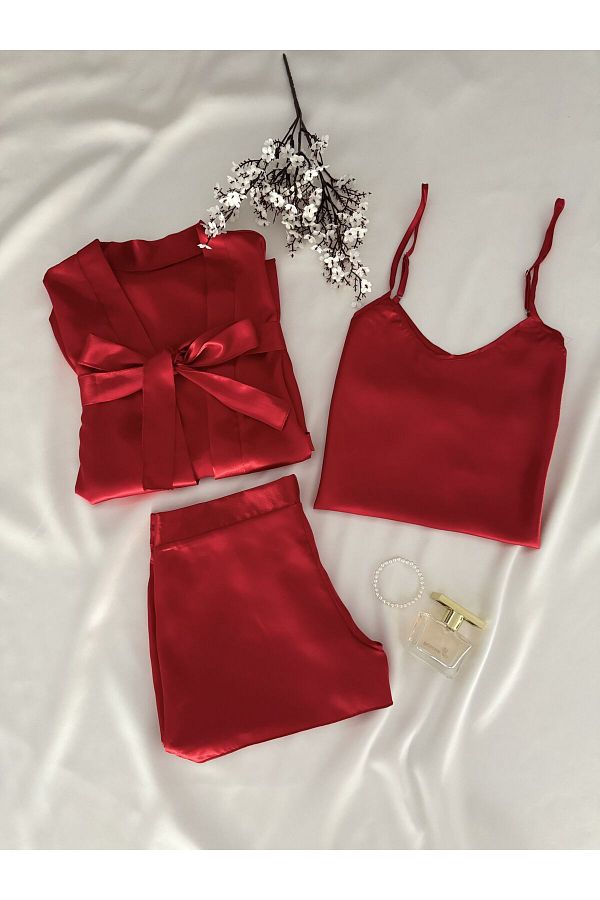 MH Moony Homewears-بيجامة حمراء كلاسيكية من الساتان 1