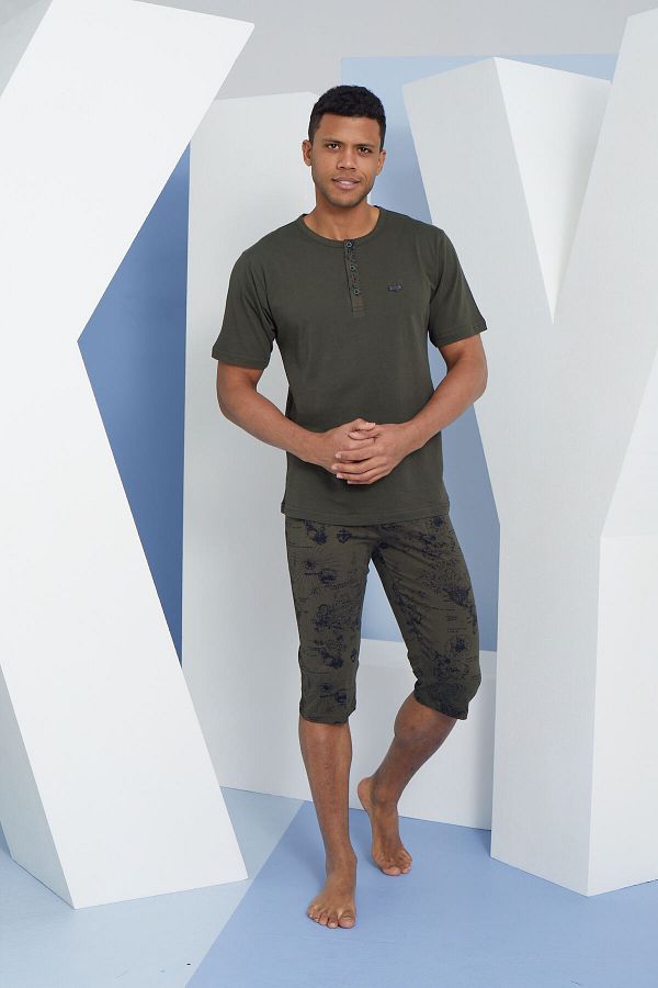 KLY Men s Oversize Cover Collar Short Sleeve Plus Size Capri Length Pajama Set Trendyol