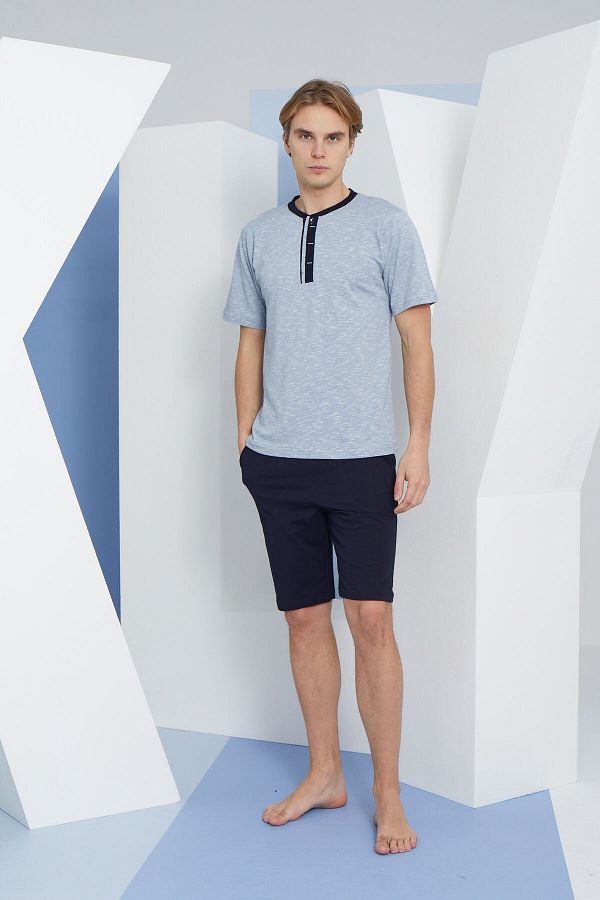 KLY Men s Battal Midi Collar Shortcut Plus Size Shorts Pajama Set Trendyol