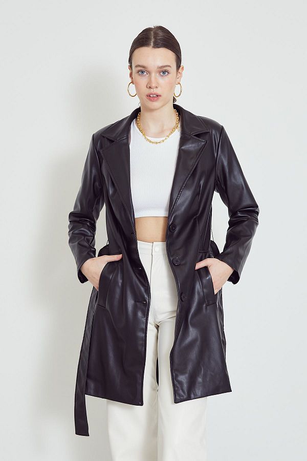 by PRESTIGE Black Leather Jacket Belted Trendyol