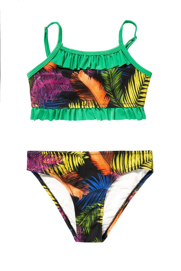 Argento-Leaf Pattern Ruffle Detail Children's Bustier Bikini Set 1