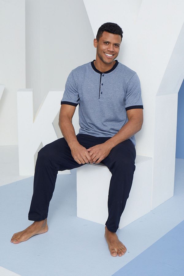 KLY Men s Midi Collar Short Sleeve 100 Cotton Pajama Set Trendyol