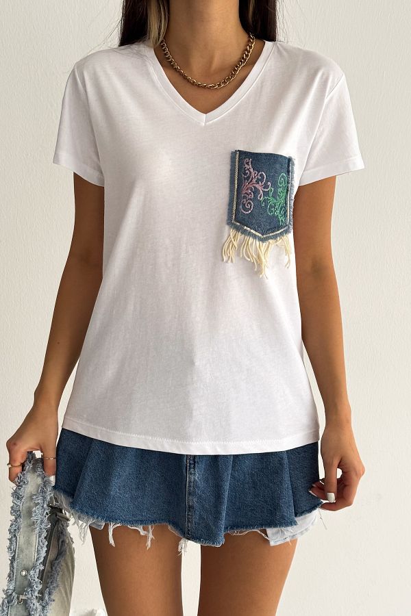 White v neck t shirt with pocket women's on sale
