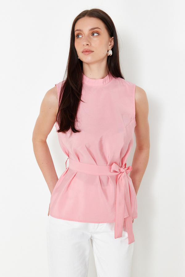 美品♡ポワ pois gather 2way blouse pink 新品 Trendyol Collection Pink Belted Sleeveless Woven Blouse
