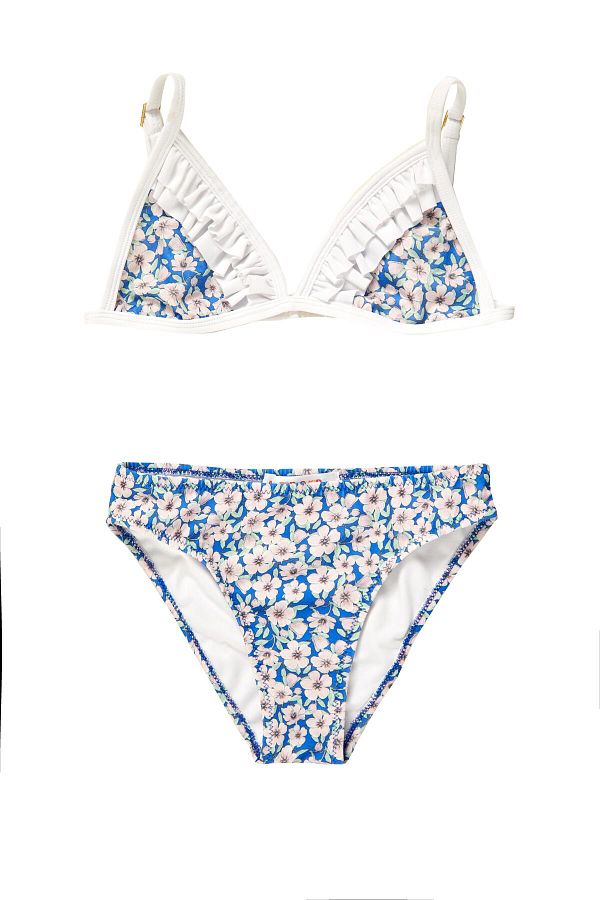 Argento-Flower Pattern Ruffle Detail Children's Triangle Bikini Set 1