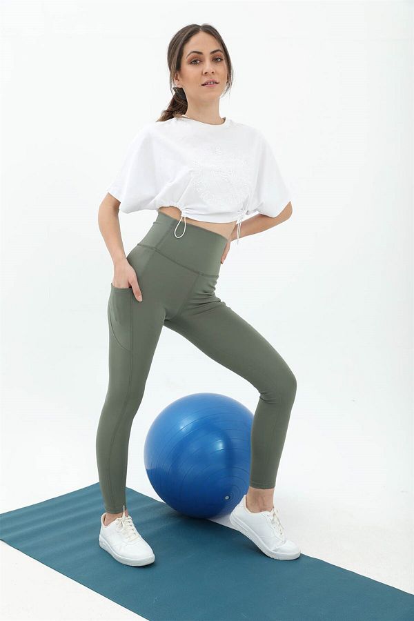Honey Pearl High Waist Slim Fit Pocket Detailed Leggings Khaki Trendyol