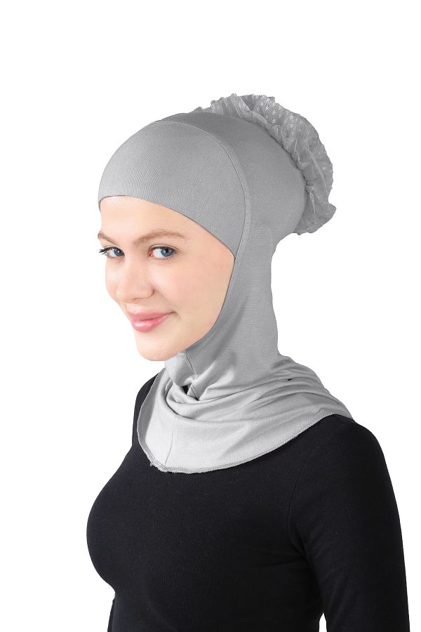 Ecardin-Turban Hijab mare din viscoză gri închis - cu dantelă, coc - St 124 1