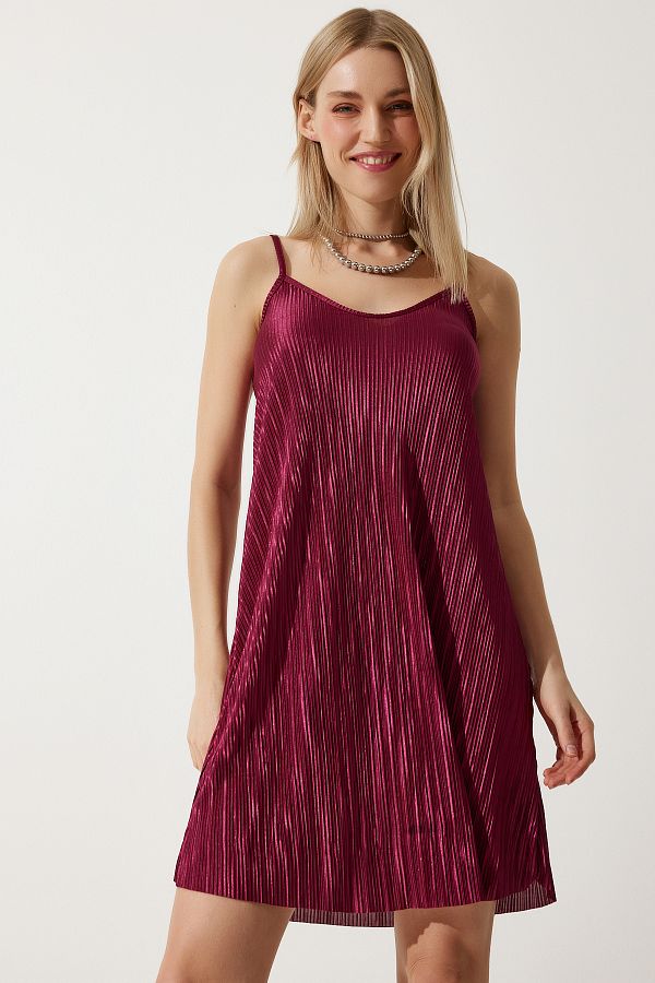 Happiness İstanbul-Rotes Plissee-Mini-Strickkleid mit Riemchen für Damen, DZ00119 1