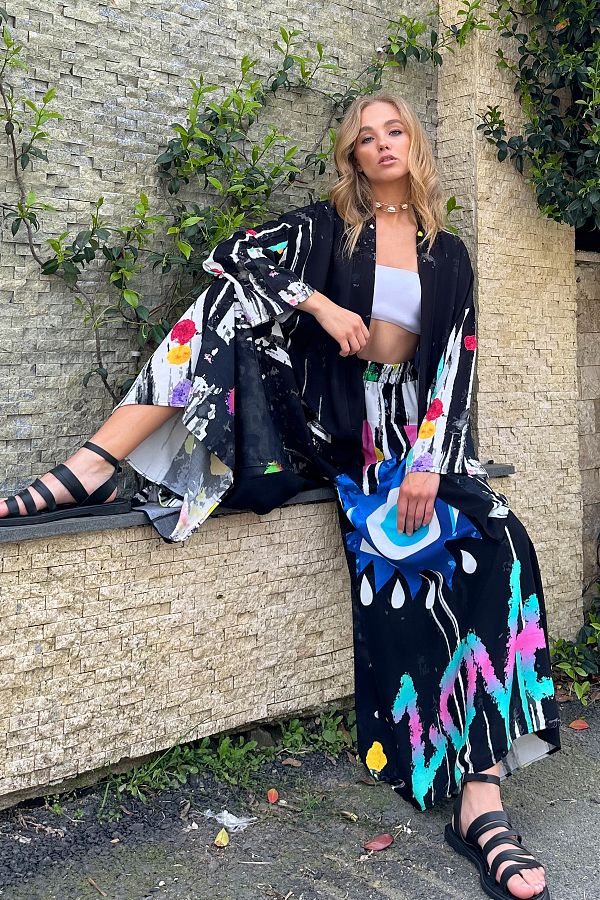 Trend Alacat Stili Women s Black Patterned Kimono Jacket and Palazzo Trousers Woven Double Set ALC X12190 Trendyol