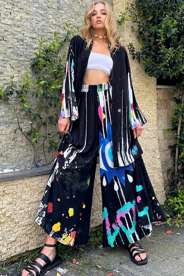 Trend Alacat Stili Women s Black Patterned Kimono Jacket and Palazzo Trousers Woven Double Set ALC X12190 Trendyol
