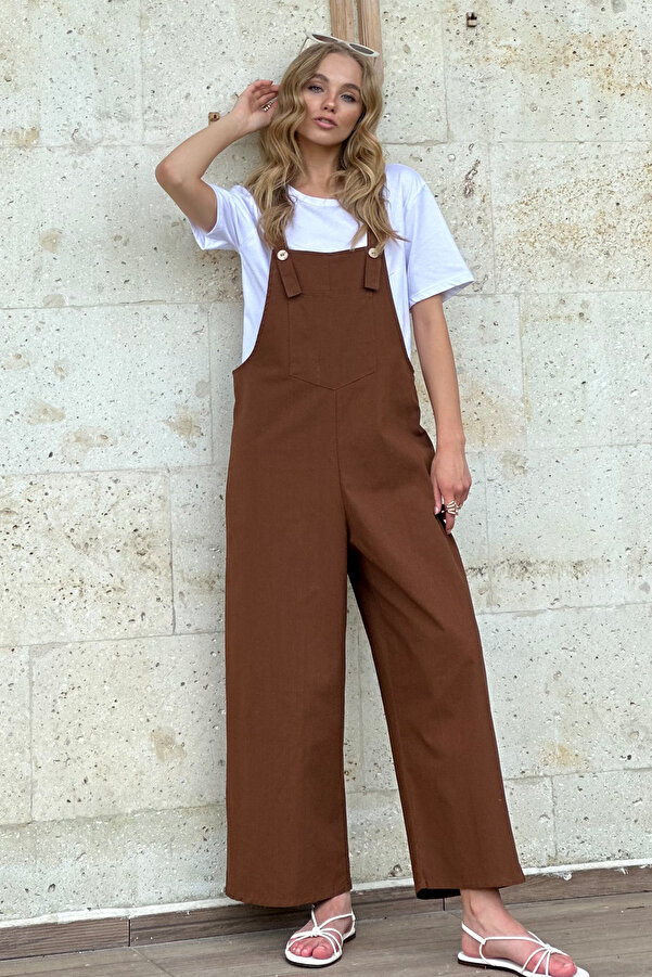 Trend Alaçatı Stili Kahve Önü Cepli Askılı Gabardin Bahçıvan Tulum