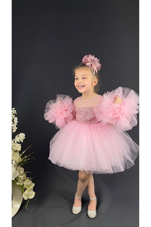 BAMB NO K DS Chiffon Robe Pompom Sleeve Sequined Girl s Crinoline Skirt Tutu Evening Dress