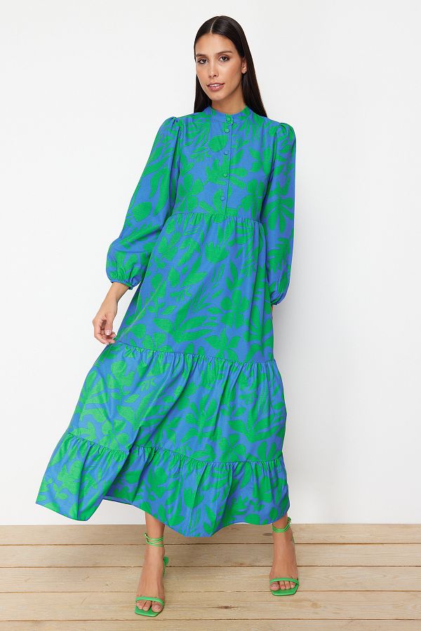 Trendyol Modest-Rochie albastră din bumbac, cu jumătate de plăcuță, cu formă largă TCTSS23EB00222 1