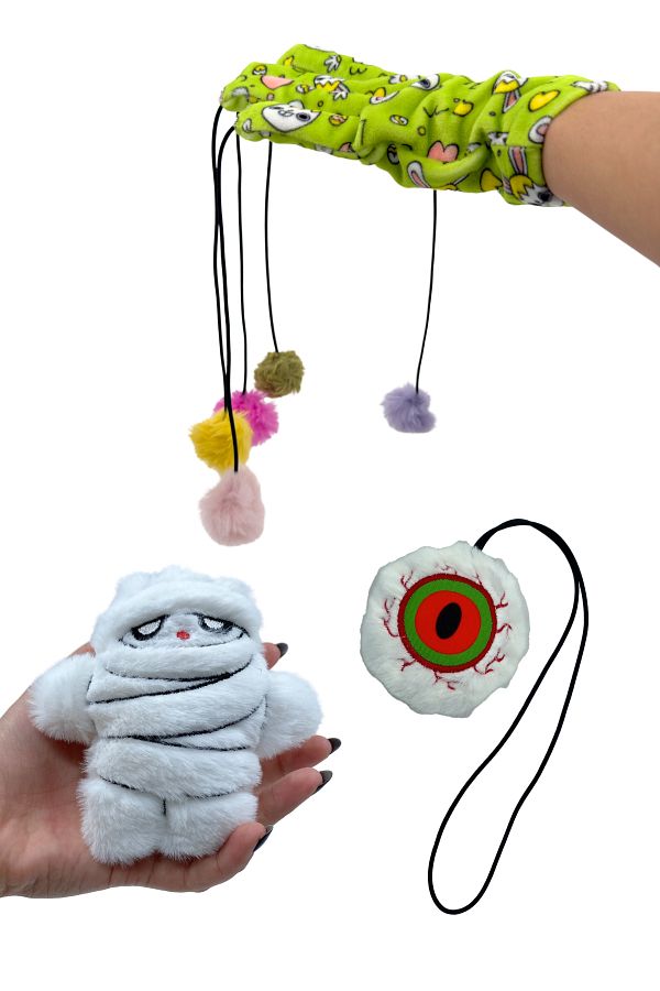 Miyav-Cat Activity Toy Set 3 Pieces Cat Toy with Pompom Gloves Elastic Game Fishing Rod Plush Toy 1
