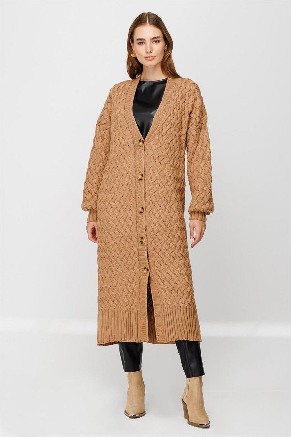 Esswaap-Front Buttoned Knitted Patterned Long Cardigan Camel 1