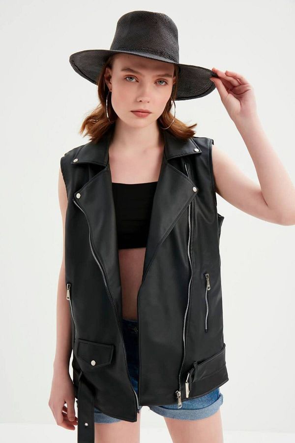 MEECY-Schwarze Biker-Oversize-Weste für Damen aus schwarzem Leder 1