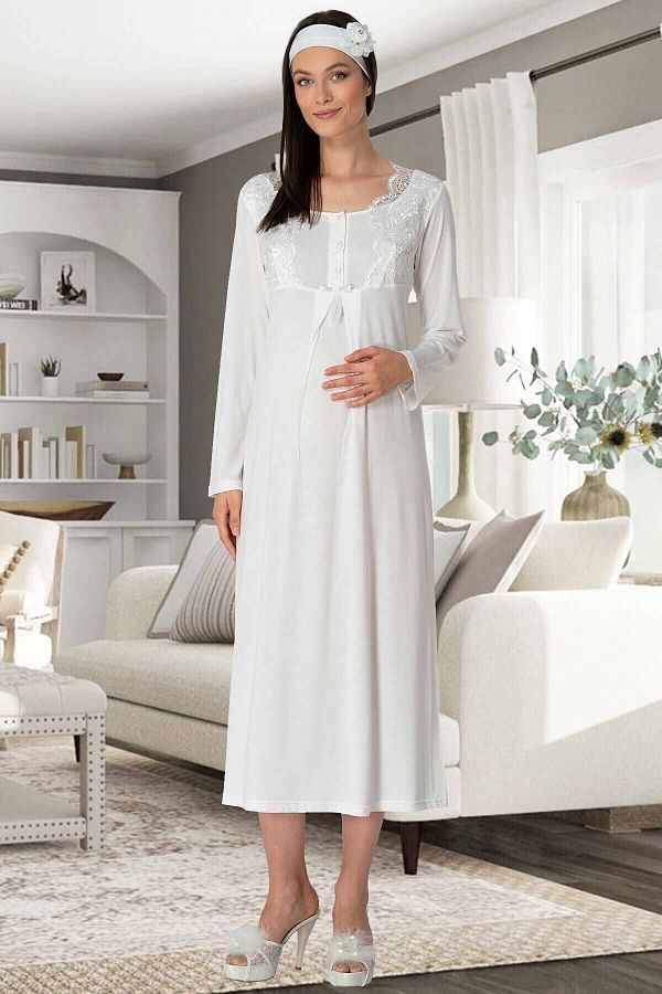 LOHOUSE Lacy Cotton Maternity Nightgown Long Sleeve and Nursing Feature Trendyol