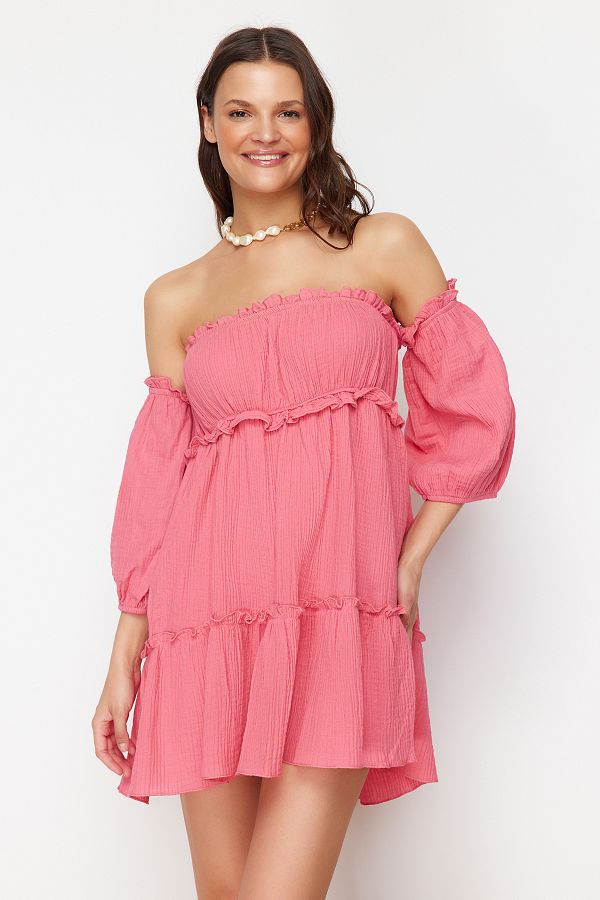 Trendyol Collection-Muślinowa sukienka plażowa mini w kolorze fuksji TBESS24EL00112 1