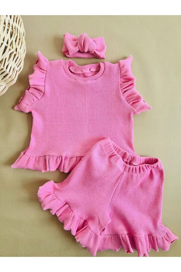 eymwes Kız Bebek Çocuk Yazlık Ribana Kumaş Bandanalı Fır Fır Detaylı Şortlu Takım