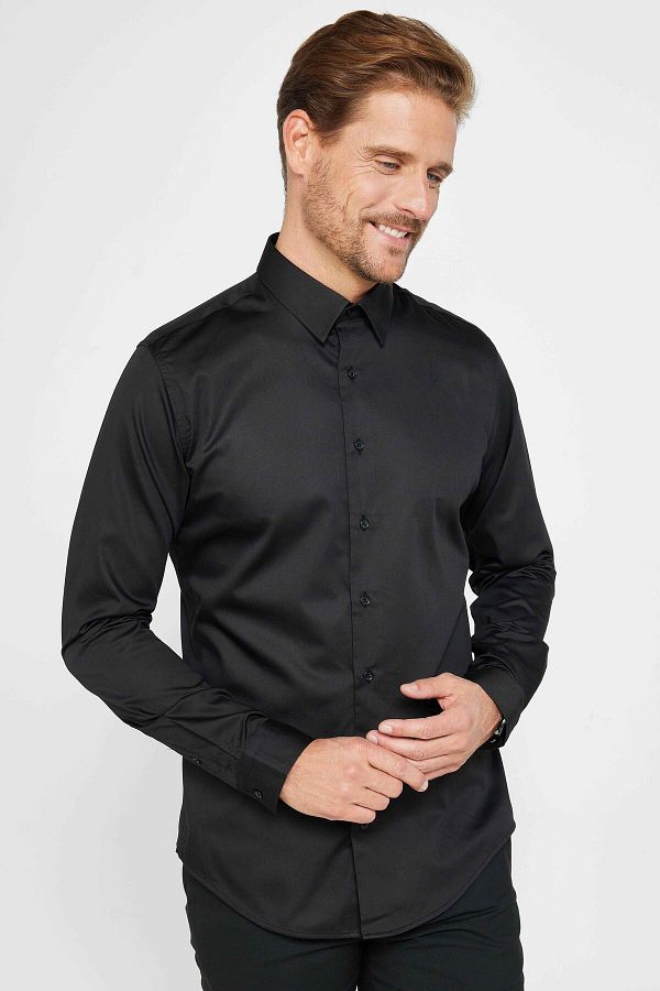 Tudors-Slim Fit Long Sleeve 100% Cotton Satin Premium Men's Black Shirt 1