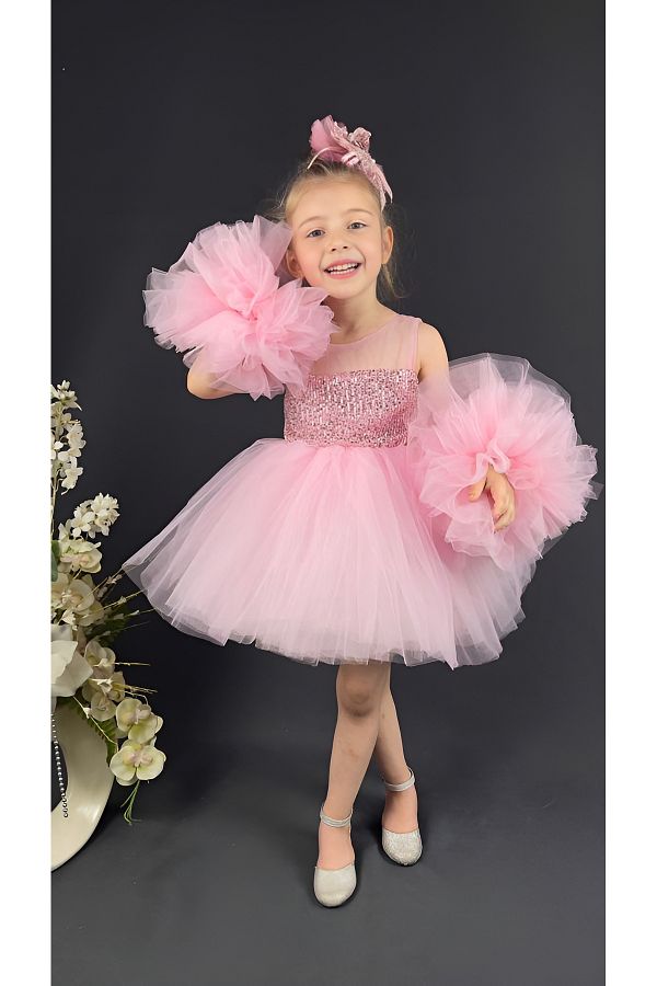 BAMB NO K DS Chiffon Robe Pompom Sleeve Sequined Girl s Crinoline Skirt Tutu Evening Dress Trendyol