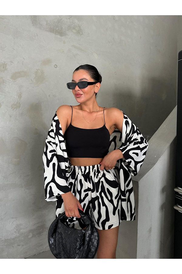 MODERNİZE-Dámská ČERNO-BÍLÁ ZEBRA Kimono šortky bez ramene 1