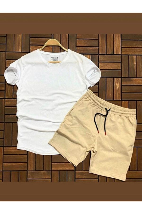 NewCabin-Λευκό μπλουζάκι Unisex Oval Cut Slim Fit - Σετ γήινου χρώματος Νέας σεζόν Σορτς κάτω επάνω 1