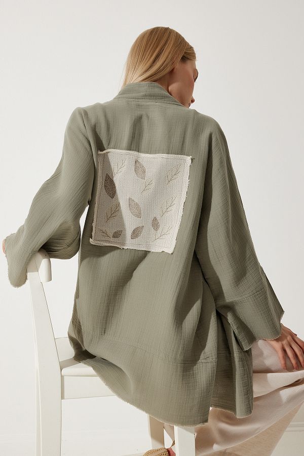 Happiness İstanbul-Damskie kimono muślinowe Premium w kolorze khaki w kwiaty RG00030 1