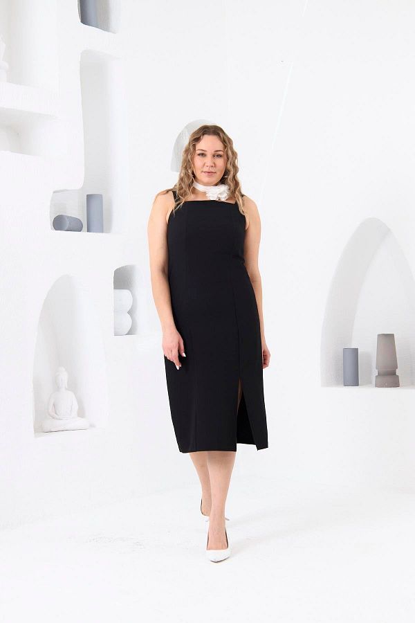 RMG-Black Plus Size Dress - Lined and Slit Detail 1
