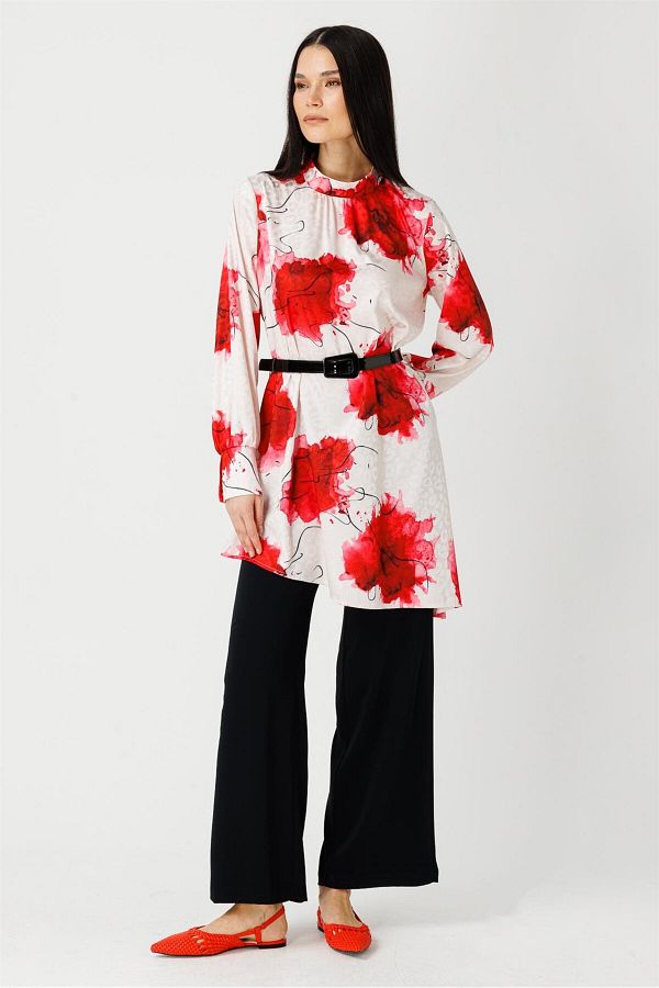 Esswaap-Red Poppy Patterned Tunic and Trousers Set 1