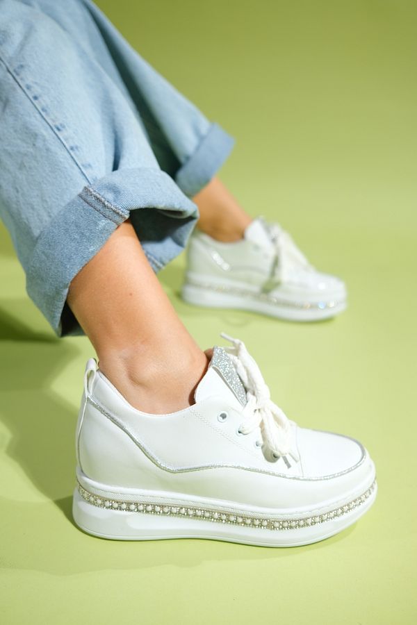 LuviShoes-JERSEY White Stone Pearl Women's Hidden Heeled Sports Shoes 1