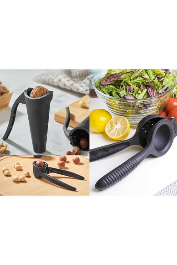 COOKCASE-Döküm Luxury Lemon Squeezer, Hazelnut and Walnut Cracker Set of 3 Black 1