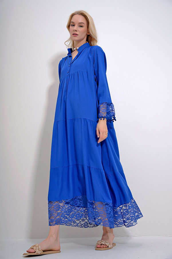 Trend Alaçatı Stili Women's Saks Magnificent Collar Robe Buttoned Lace ...