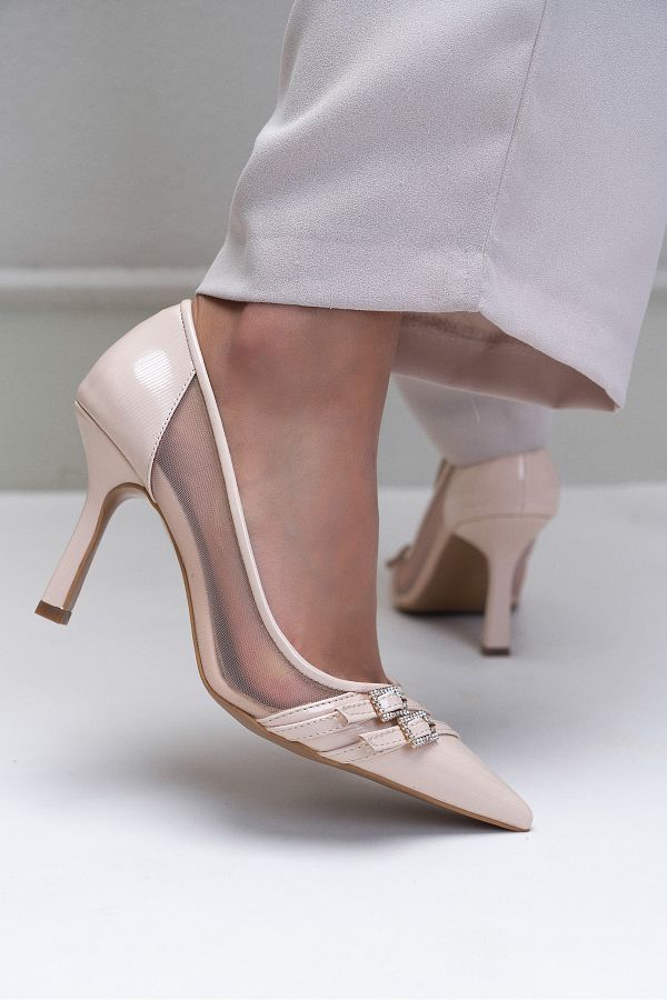 N ANTA I SHOES Beige Patterned Double Buckle Detail Women s Thin Heeled Shoes Trendyol