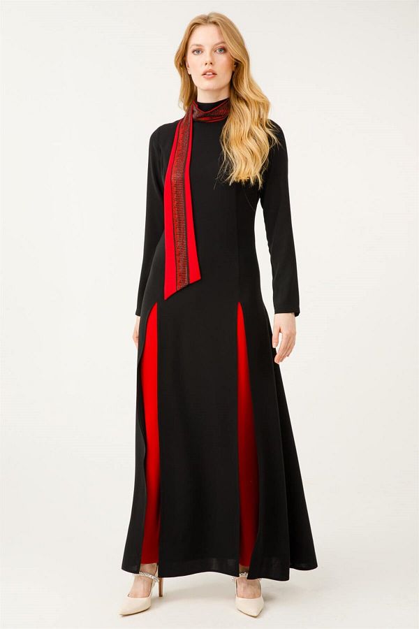 Esswaap-Stylish Set with Stonework and Slits on the Scarf Red 1