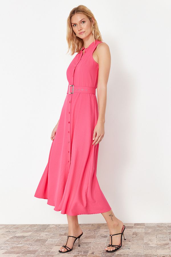 Trendyol Collection-Rosa gewebtes Midi-Hemdkleid mit Gürtel TWOSS23EL01628 1