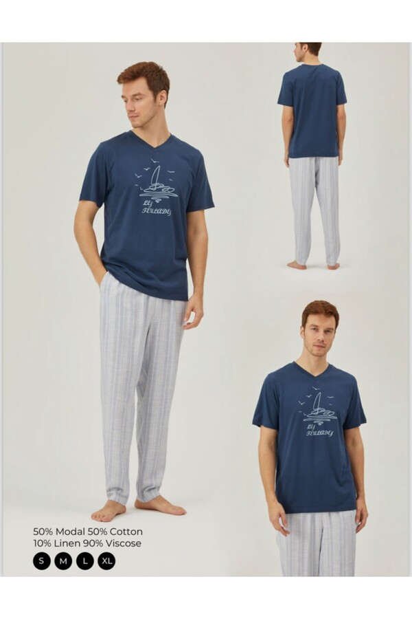 Pamuk & Pamuk-COTTON&COTTON SOFT TEXTURED V-NECK UNDER-WOVEN FABRIC SHORT SLEEVE MEN'S PAJAMAS SET 1
