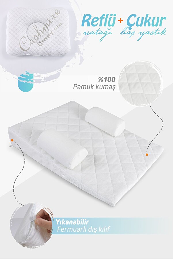 Umaybebek Bebek Reflü Yatağı, Fermuarlı, Yıkanabilir Kılıf, Yatak, %100 Pamuk Kumaş + Çukur Baş Yastık
