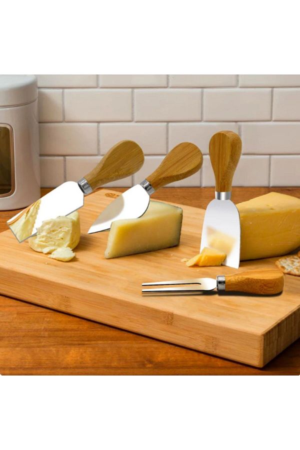TARIK HOME-Set of 4 steel cheese knives with bamboo handle-Mini knife, butter knife, Spatula and fork 1