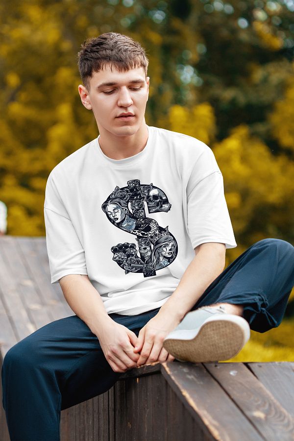 MYADA-Dollar and Skeleton Patterned Oversize Printed T-Shirt 1