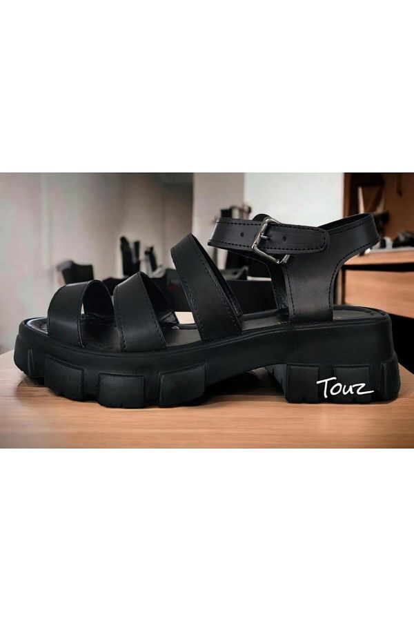 Touz-Single Buckle Thick Sole Women's Black Sandals 1