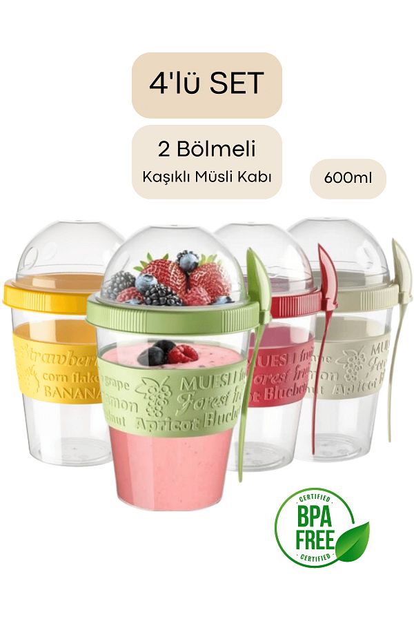 Titiz-4-Piece Prepare and Go Fruit Yogurt Container with Spoon and Practical Portable Snack Musli Container 1