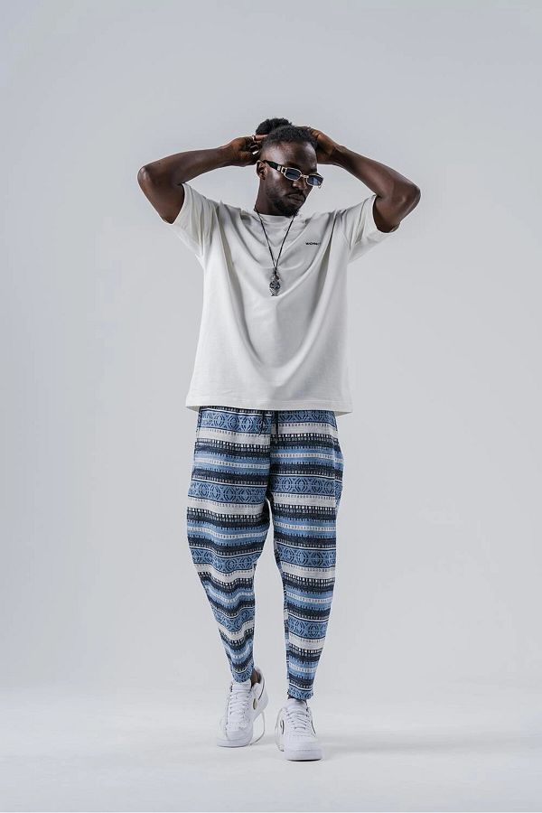 hazelin Men s Blue Ethnic Pattern Waist Rope Tie Straight Cut Pocket Pants Sweatpants HZL24S MXC8948 195 Trendyol